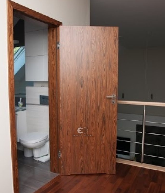 DRZWI TAFLA T1 Z PODCIĘCIEM ŁAZIENKOWYM - OŚCIEŻNICA SKOS 45 ST-  OPASKI 80MM - FORNIR PALISANDER - ZAWIASY CHOWANE