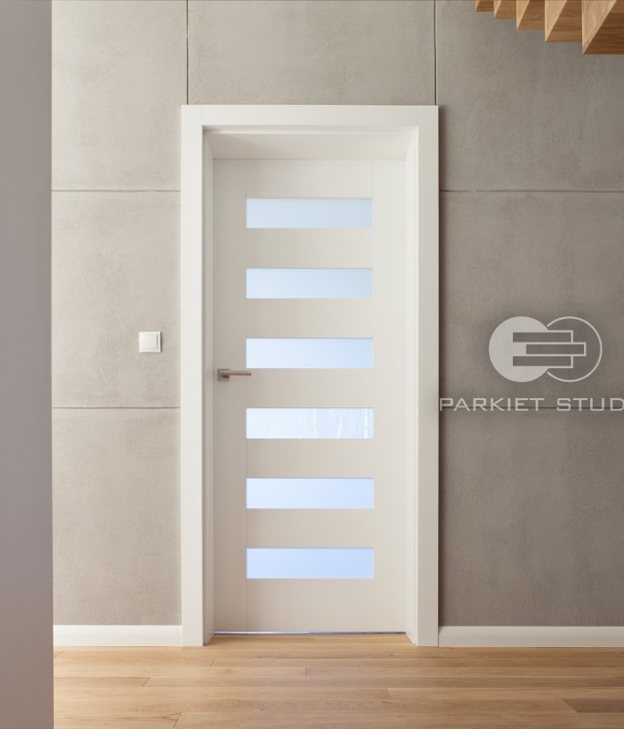 DRZWI KOMFORT K1-SZKŁO MLECZNE BEZPIECZNE-KOLOR BIAŁY RAL 9003-OŚCIEŻNICA STANDARD 80MM-ZAWIASY WIDOCZNE INOX